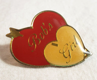 #ad VTG SWIB Bob#x27;s Girl Lapel Pin Personalized Name Taiwan Valentine Double Hearts $9.99