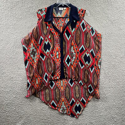 #ad Cato Womens Top 14 16W Brown Red Blue Aztec Print Button Front Sleeveless Shirt $14.99