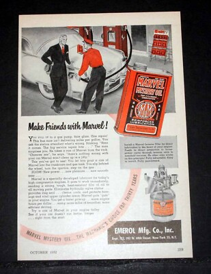 #ad 1952 OLD MAGAZINE PRINT AD EMEROL CO MAKE FRIENDS WITH MARVEL MYSTERY OIL $12.99