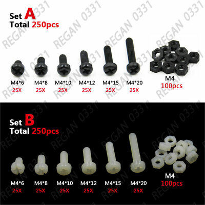 #ad 250pcs Plastic Nylon M4 Phillips Round Pan Head Screws amp; M4 Hex Nuts Assortments $16.60