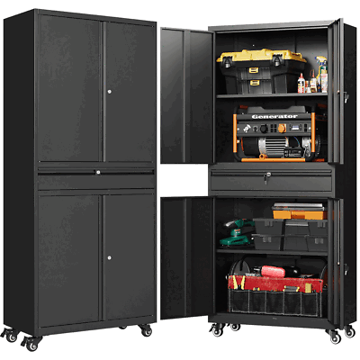 #ad Metal Garage Storage Cabinet with WheelsRolling Cabinet with 4 Doors for Home $199.99