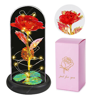 #ad Preserved Eternal Rose in Glass Dome with LED lights Birthday Valentines Day Gif $13.99