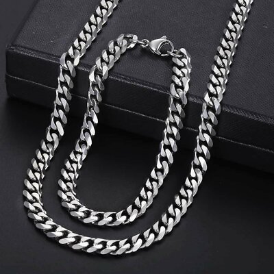 #ad 7MM Mens Necklace Bracelet Jewelry Set Stainless Steel Curb Cuban Chain 7quot; 30quot; $10.92