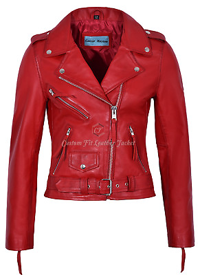 #ad Ladies Red Leather Jacket Brando Fitted Urban Biker Style 100% Real NAPA MBF GBP 95.80