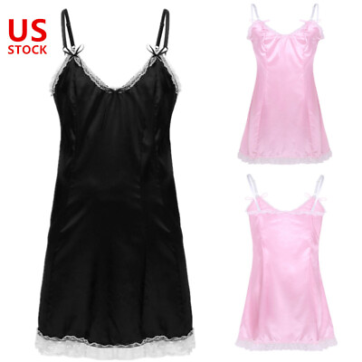 #ad US Men Silk Satin Dress Sissy Lingeire Crossdresser Babydoll Nightwear Sleepwear $14.16