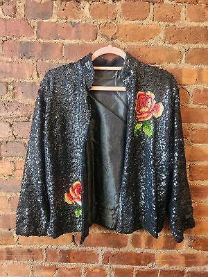 #ad Vintage Sequin Jacket Small black flowers size 36 UK Grail one of a kind $189.00