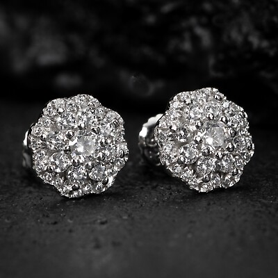 #ad Iced Round CZ White Gold Sterling Silver Flower Cluster Hip Hop Stud Earrings $25.99