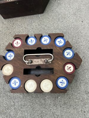 #ad Antique Poker Chip amp; Playing Card Deck Holder Caddy Solid Mahogany Fleur de Lis $160.00