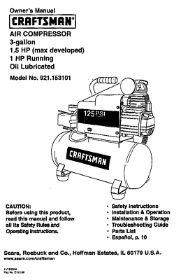 Craftsman AIR COMPRESSOR 921.153101 OWNERS MANUAL * MANUAL ONLY * $13.45
