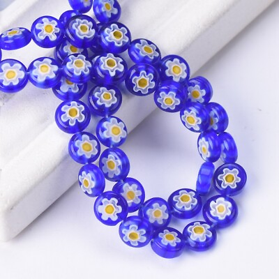 #ad 50pcs Flat Round 8mm Blue Flower Millefiori Glass Beads Lot for Jewelry Making $3.98
