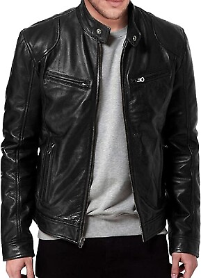 #ad Mens Black Real Premium Sheepskin Leather Biker Motorcycle Jacket New 2XL $159.99