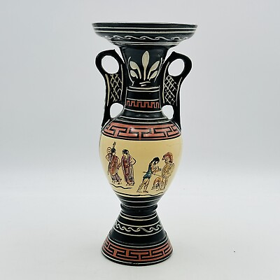 #ad Greek Double Handled Amphora Vase Urn Black BROWN Made Greece 10 3 4quot;H X 4 1 4 $27.99