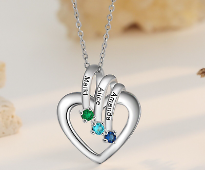 #ad Personalized Heart 3 Name 3 Birthstone Necklace For Mom or Grandma $31.99