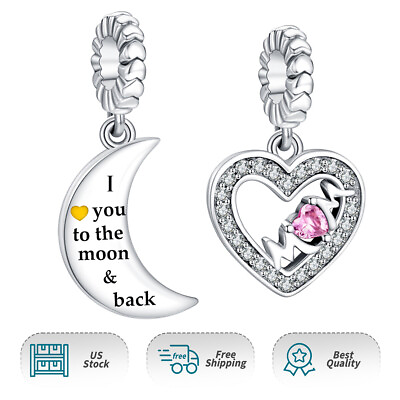 #ad Authentic 925 Sterling Silver Love Mom Heart Moon Dangle For Charm Bracelets $22.98