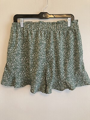 #ad BTFBM Women’s Green Floral Elastic Waist Summer Pull Up Flowy Shorts Size Large $9.00