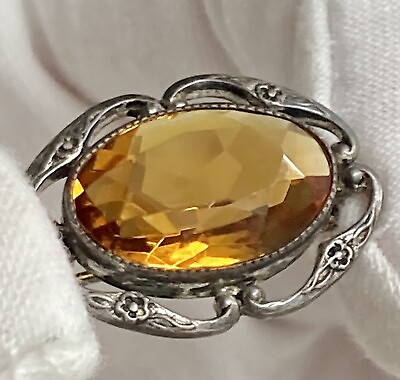 #ad Vintage Sterling Silver 925 Amber Color Oval 1” Flower Floral Brooch Pin C Clasp $54.00