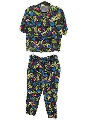 #ad Bon Air vintage 90s womens leisure suit print top w pants sz L colorful Hawaiian $30.59