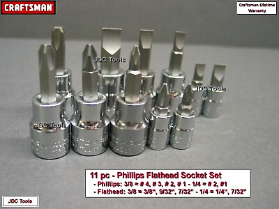#ad NEW Craftsman 11pc 1 4 3 8 Phillips Flat Blade Screwdriver Socket Wrench Bit Set $19.90