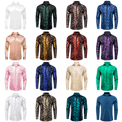 #ad Men Silk Shirt Button Dress Shirts Paisley Long Sleeve Shirts Formal Work Casual $24.99