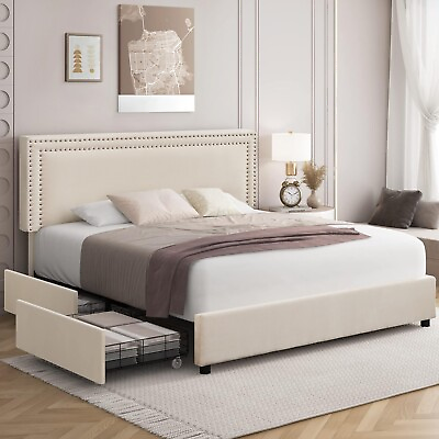 #ad Bed Frame with 4 Storage Drawers Full Queen Size Wood Platform Velvet Headboard $204.99
