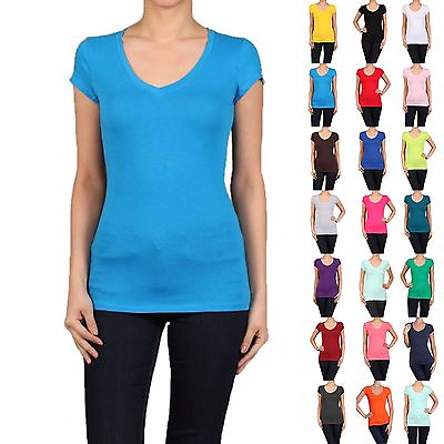 #ad Basic V NECK Short Sleeve Women Juniors Solid Top Cotton T Shirt S XL $10.49