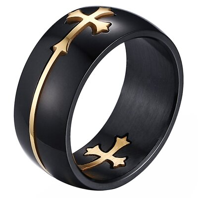 #ad Men#x27;s Wedding Promise Stainless Steel Band Detachable Gold Tone Cross Black Ring $9.99