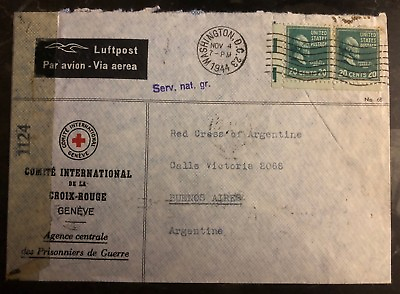 #ad 1944 Washington DC USA Censored Red Cross Air Cover to Buenos Aires Argentina 2 $68.00