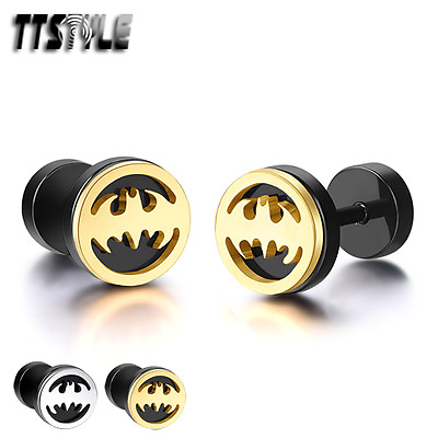 #ad TTstyle 8mm Round Stainless Steel Batman Fake Ear Plug Earrings Silver Gold AU $10.99