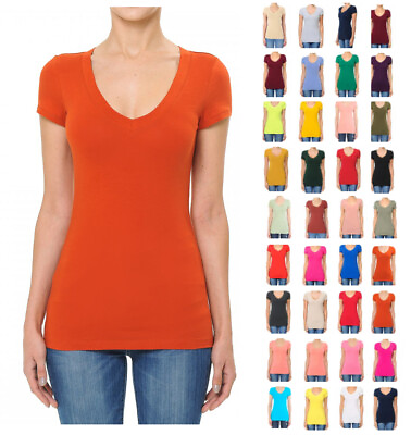 #ad Women#x27;s Premium Soft Cotton Knit Basic T Shirt V Neck Short Sleeve Solids Fitted $11.99