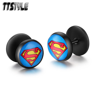 #ad TTstyle 10mm Superman Round Black Stainless Steel Fake Ear Plug Earrings A Pair AU $10.99
