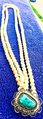 #ad Vintage Double Pearl Necklace Turquoise Sterling Israel Seed Pearl 28 30quot; leng $399.99