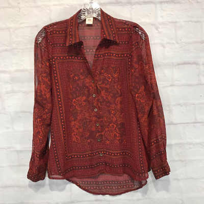 #ad Arden B Womens Button Front Shirt Red Paisley Long Sleeve Cold Shoulder XS $7.99