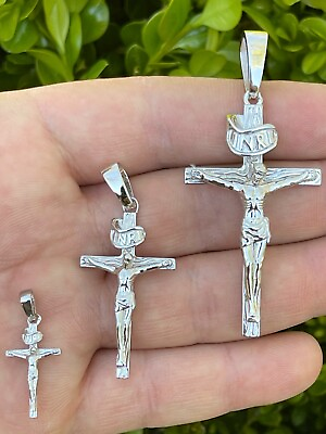 #ad Real Solid 925 Sterling Silver Mens Cross Jesus Piece Crucifix Pendant Necklace $22.48