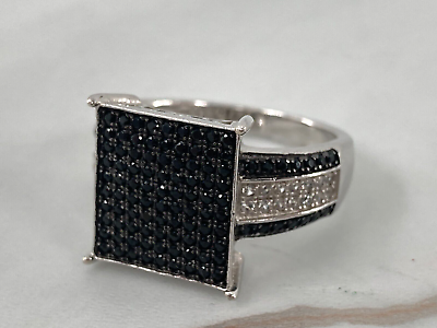 #ad Fuzion Creations Black Onyx Like Square Sterling Silver Ring Size 9 Cz Pave Set $59.99