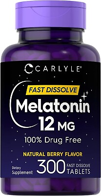 #ad Carlyle Melatonin 12 mg Fast Dissolve 300 Tablets Drug Free Natural Berry Fl $13.49
