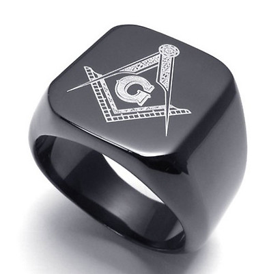 #ad Free Mason Ring Black Flat Face Freemasonry Stainless Steel Masonic Rings $27.99