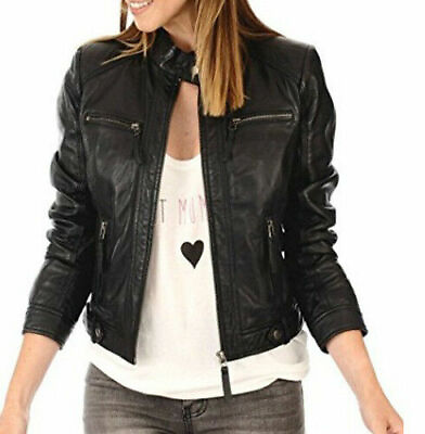 #ad Women Leather Jacket Black Slim Fit Biker Motorcycle lambskin Jacket $109.98