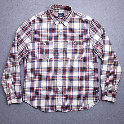 #ad J Crew Flannel Button Up Shirt Large Dual Pockets White Plaid Mens $19.98