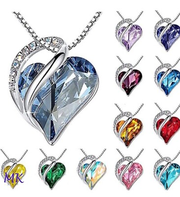 #ad Women Birthstone Heart Silver Necklace Love Crystal Pendant Lady Fashion Gift $4.95