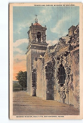 #ad Tower Carved Window San Jose Second Mission San Antonio TX Postcard Posted 1918 $4.88