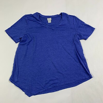 #ad Chicos Linen T Shirt Women Large Blue Top Solid Asymmetrical Short Sleeve V Neck $6.44