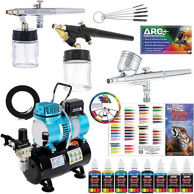 #ad #ad 3 Master Airbrush Pro Air Compressor Kit 6 Primary Colors Acrylic Paint Set $178.99