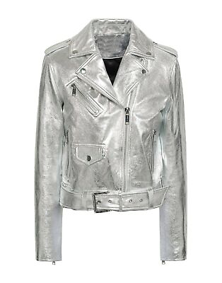#ad Women#x27;s Genuine Lambskin Metallic Silver Real Leather Biker Motorcycle Jacket $127.99