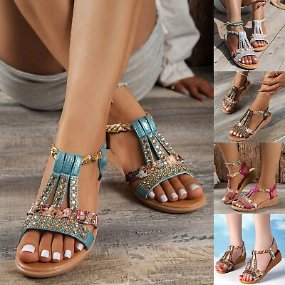 #ad Women Fashion Summer Wedge Open Toe Sandals Rhinestone Decor Slingback Sandals $14.39
