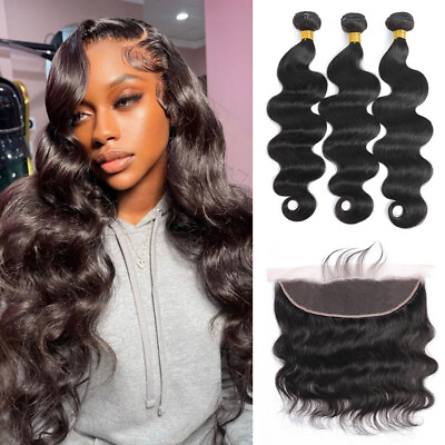 #ad Body Wave Human Hair Bundles with Closure 4*4 Lace Closure and 13*4 Lace Frontal $88.71