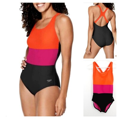 #ad NWT Speedo Ultraback Colorblock Spicy Orange One Piece Swimsuit Size Large NEW $23.99