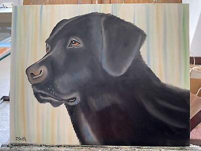 #ad Original Oil Painting Artwork Signed Canvas Black Labrador Retriever Dog $35.99