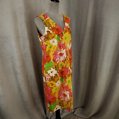 #ad Talbots Dress Womens 10 Orange Retro Floral Back Zip Lined Shift $25.99