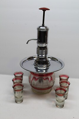 #ad Vintage Decanter Set Pump Shot Glass Cranberry Liquor dispenser $44.99