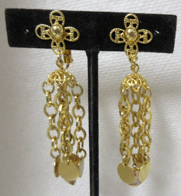 #ad Vintage Open Work Gold Tone and Crystal Dangle Clip On Earrings $11.99